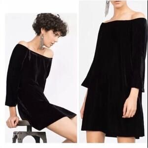 ZARA Off Shoulder Black Velvet Mini Dress Tunic Size XS (NWT)